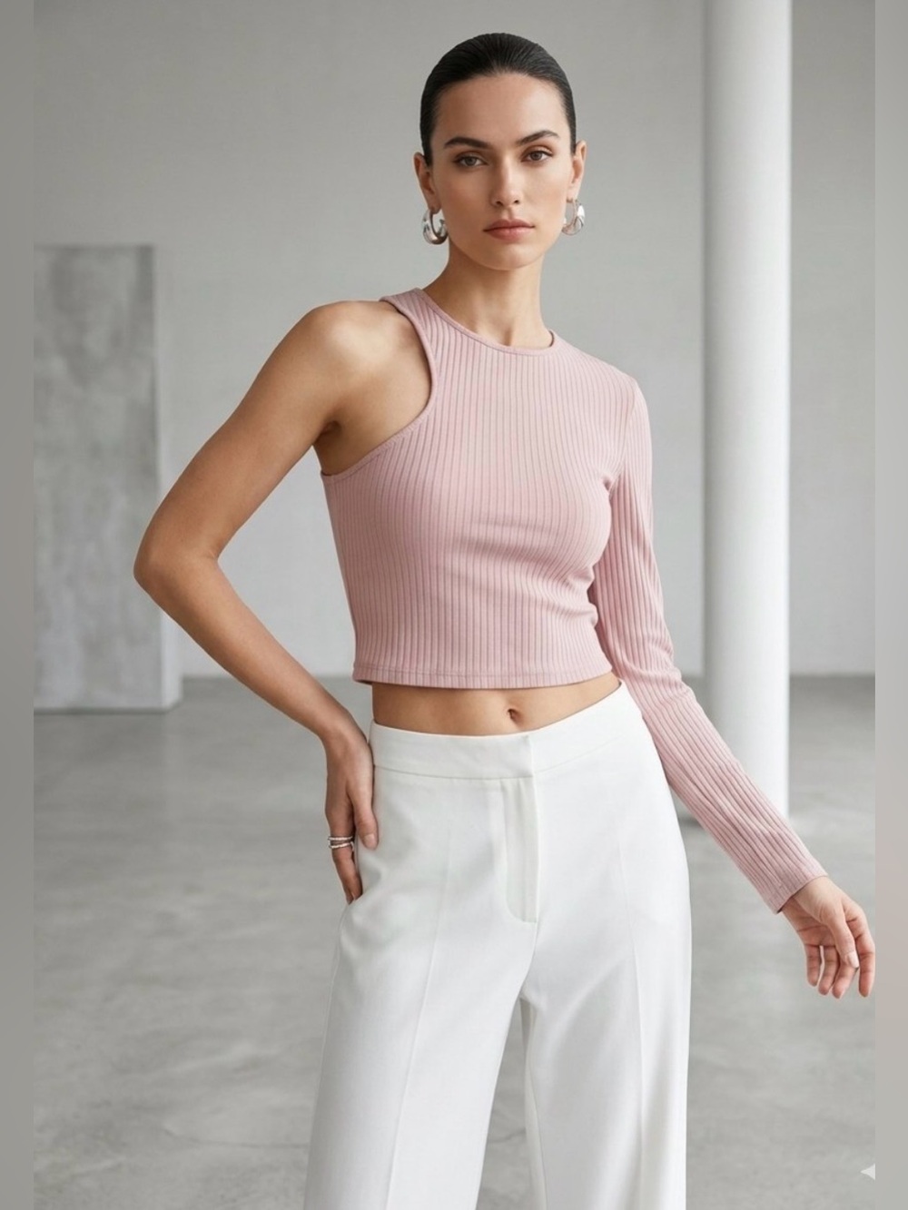 Express One-Shoulder Ribbed Crop Top in Blush Pink